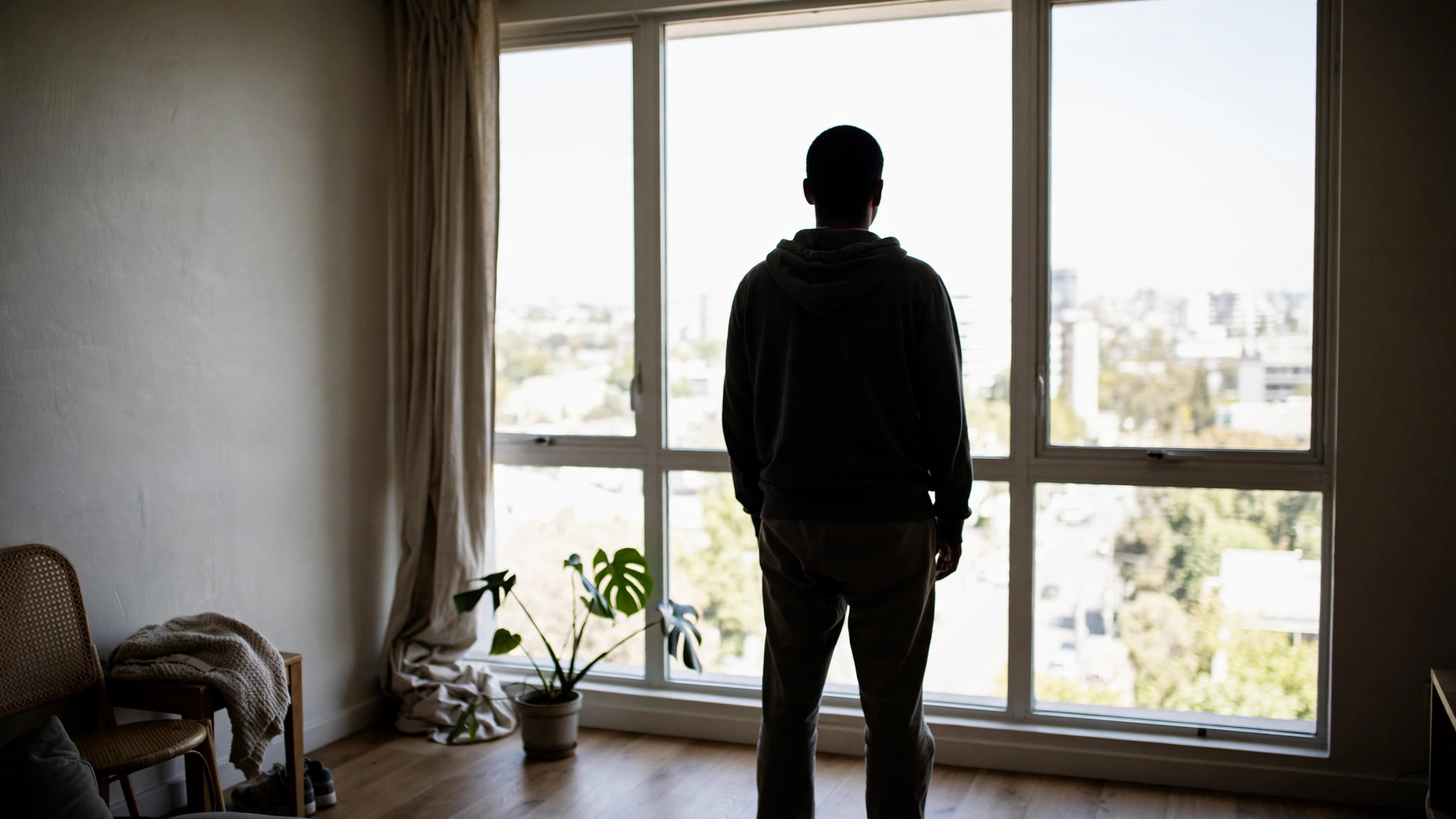 A quiet moment, a person's silhouette against a bright window, standing still.