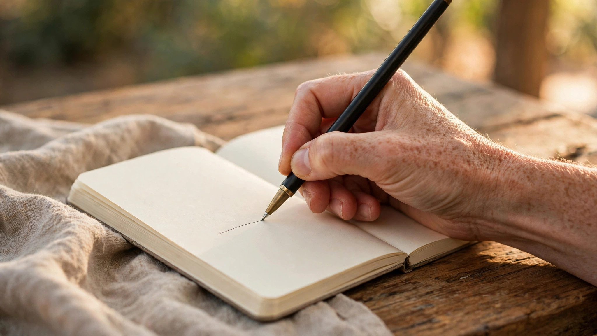Close-up of a hand writing in a notebook, not typing, writing.