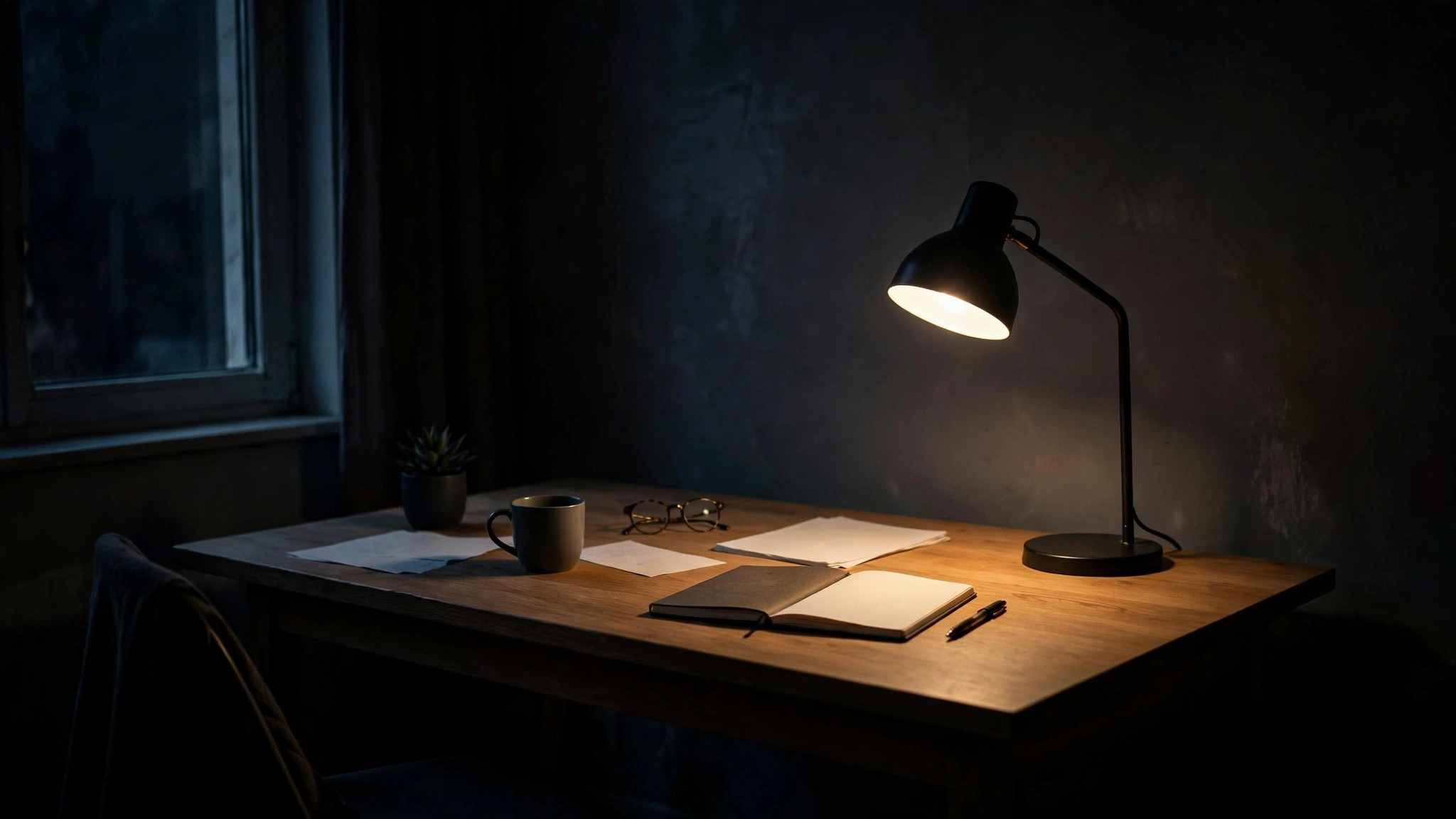 A single lamp illuminating a desk in an otherwise dark room.