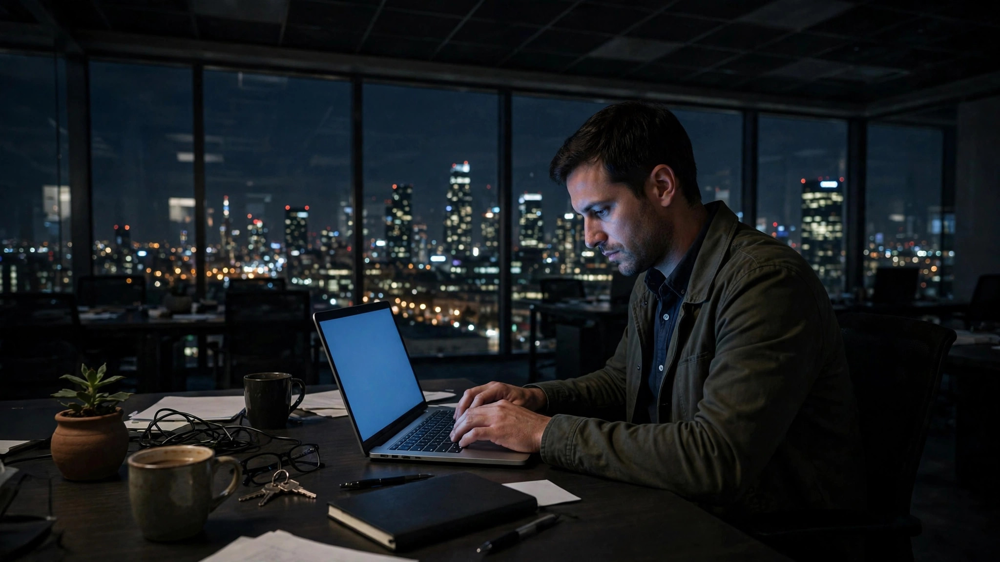 A professional at a desk late at night, city visible through the window, the rest of the building is dark.