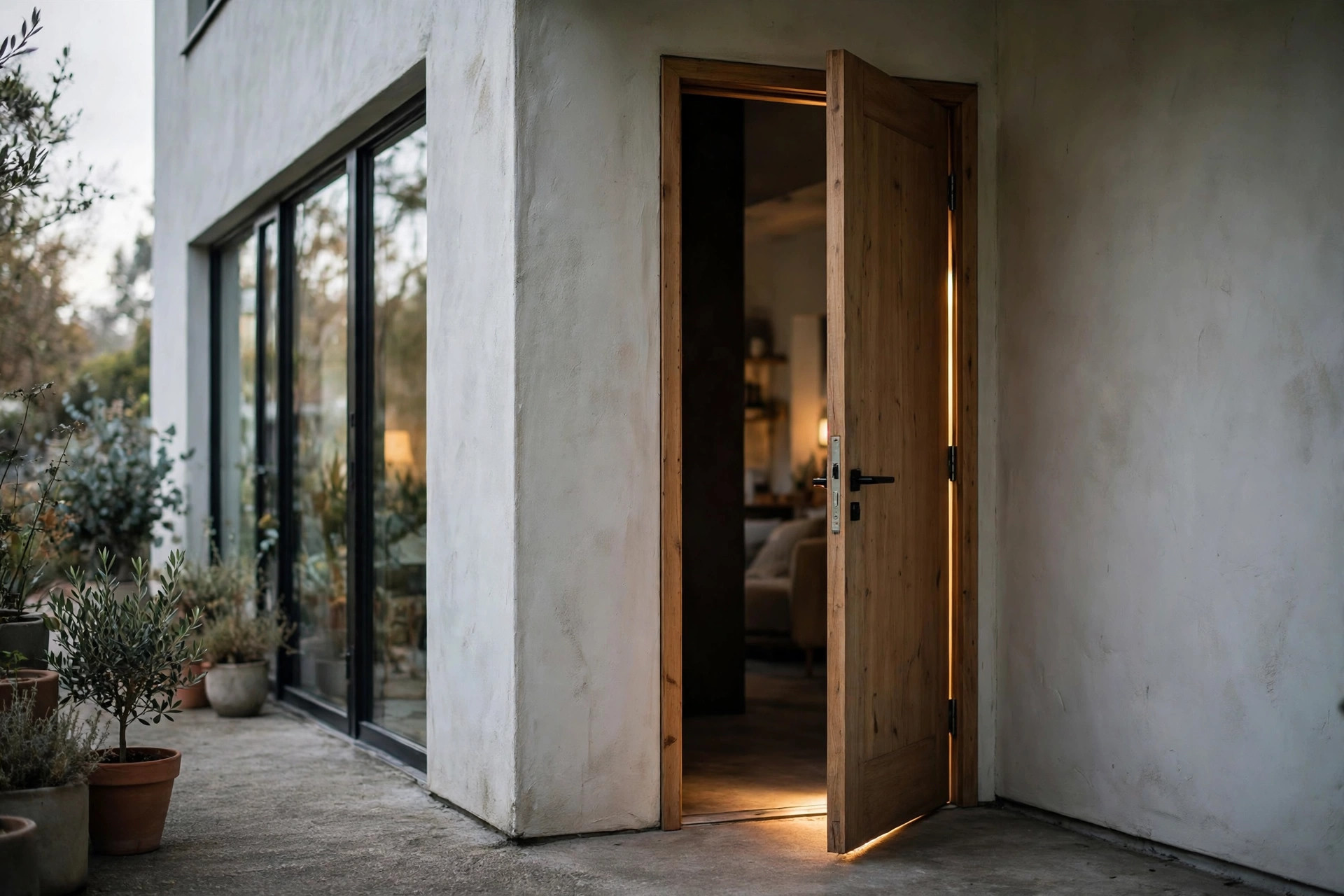 A therapy office from the outside, a door slightly ajar, warm light from inside.