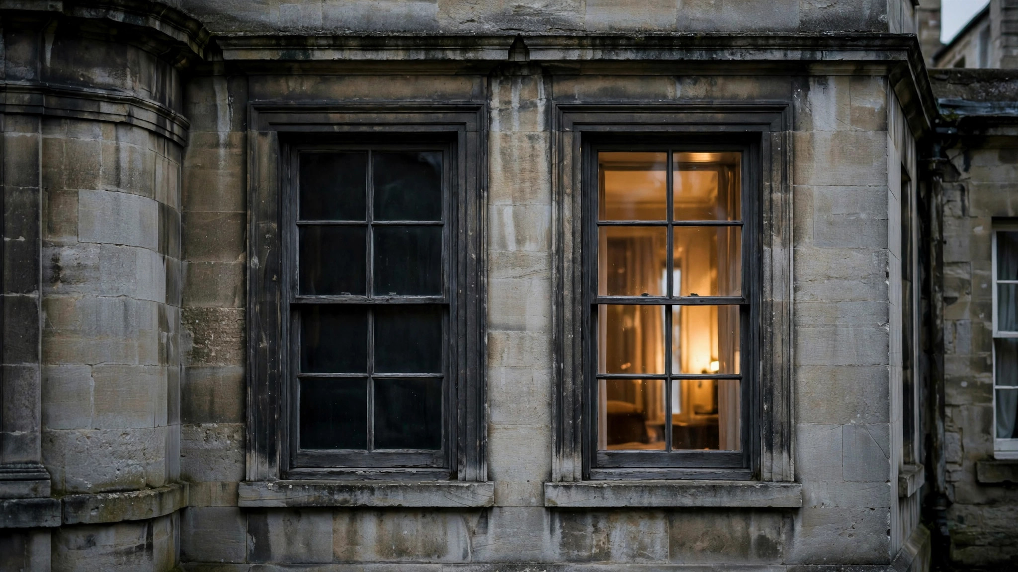 Two windows in a building, one with warm light inside, one dark.