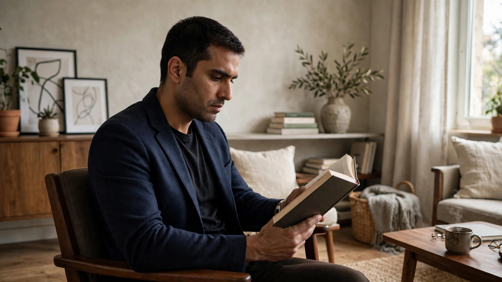 A professional on a weekend, reading a book in a chair, but the posture is not relaxed.