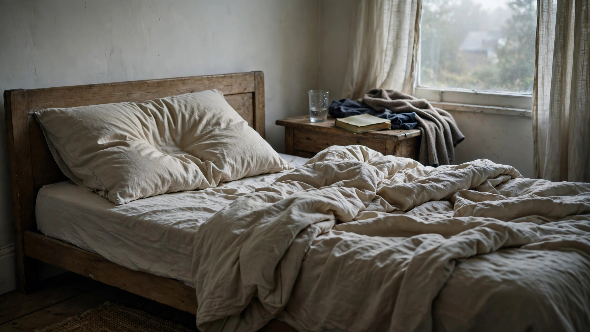 An empty bed, early morning light.