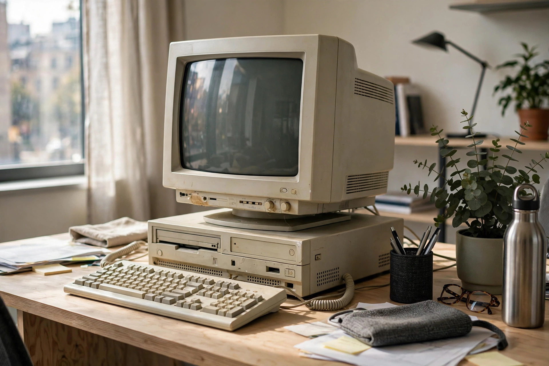 An old computer on a modern desk, the contrast between obsolete hardware and a current environment.