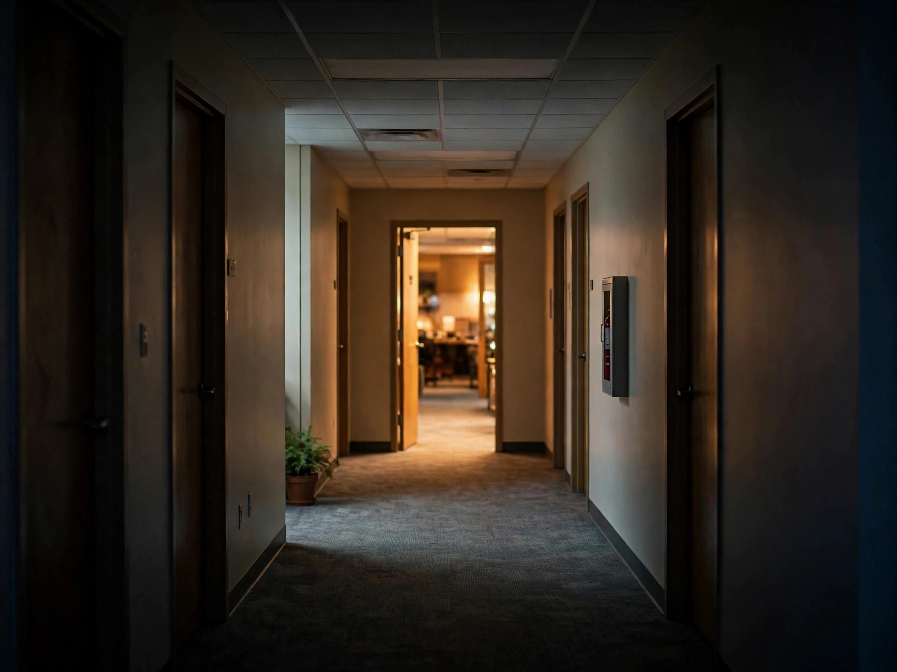 A quiet office corridor at night.