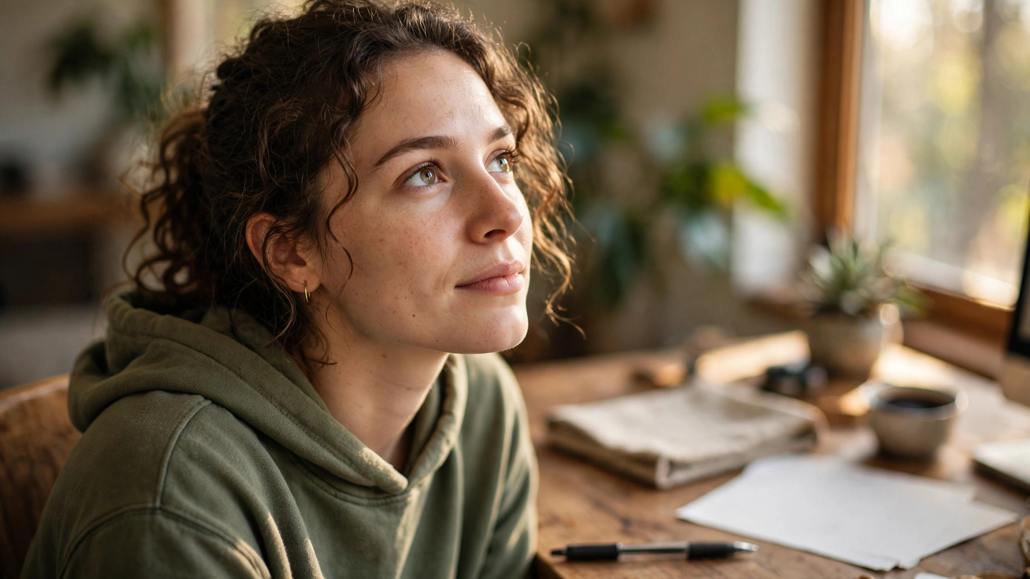 A close-up of someone pausing mid-task, pen down, looking slightly up and to the side.