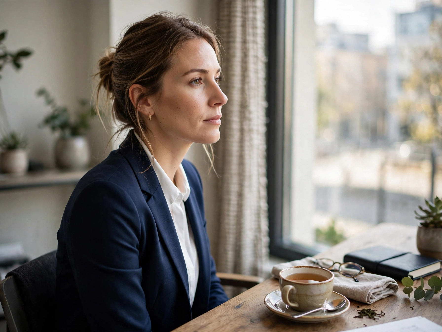 A professional sitting quietly in a well-lit room, a cup of tea on the table, looking slightly out of a window.